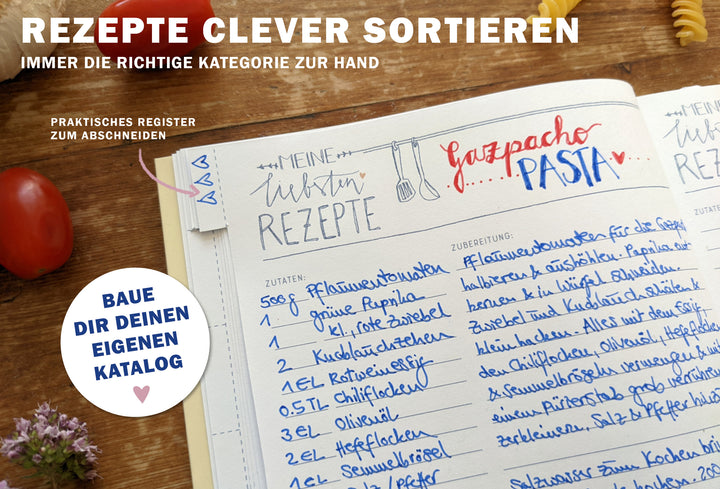Rezeptbuch A5 zum Selberschreiben - Meine liebsten Rezepte | DIY Kochbuch, Backbuch, Geschenkidee | Gelb Blau Rosa Küchen Design, FSC Papier, Softcover