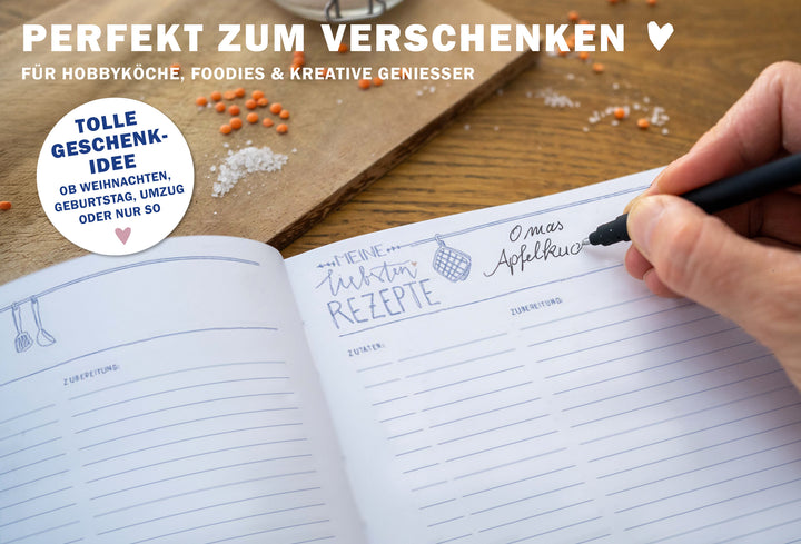Rezeptbuch A5 zum Selberschreiben - Meine liebsten Rezepte | DIY Kochbuch, Backbuch, Geschenkidee | Gelb Blau Rosa Küchen Design, FSC Papier, Softcover