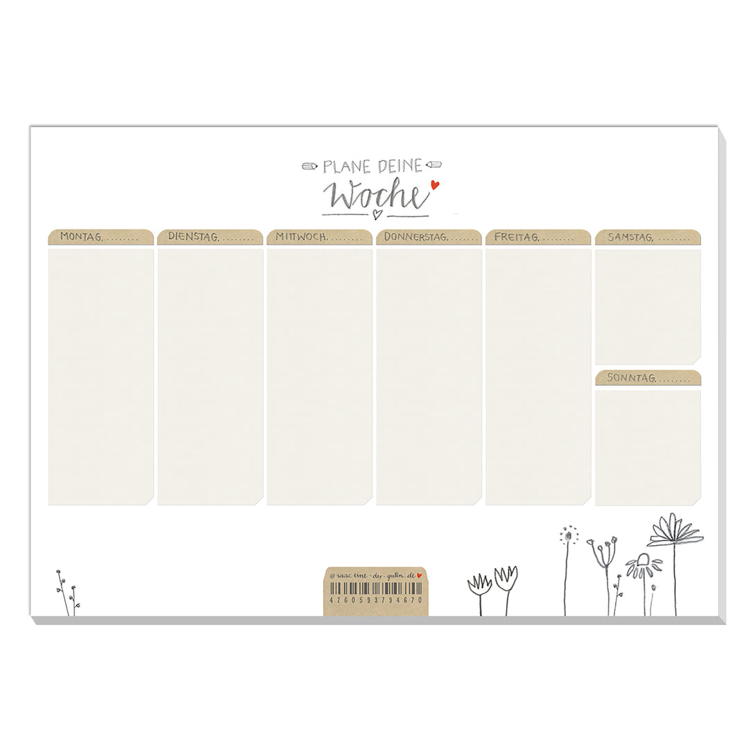A5 Wochenplaner für Aufgaben & To-dos - Plane deine Woche - Wochenplan, Weiß Beige mit Blumen, Abreißblock für Termine und Erledigungen, 50 Blatt Recyclingpapier
