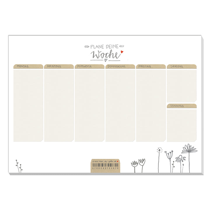A5 Wochenplaner für Aufgaben & To-dos - Plane deine Woche - Wochenplan, Weiß Beige mit Blumen, Abreißblock für Termine und Erledigungen, 50 Blatt Recyclingpapier
