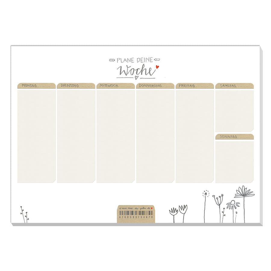 A5 Wochenplaner für Aufgaben & To-dos - Plane deine Woche - Wochenplan, Weiß Beige mit Blumen, Abreißblock für Termine und Erledigungen, 50 Blatt Recyclingpapier