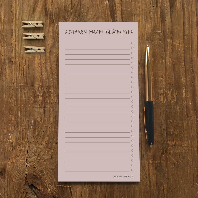 Listenblock „Abhaken macht glücklich“ aus Recyclingpapier, DIN lang