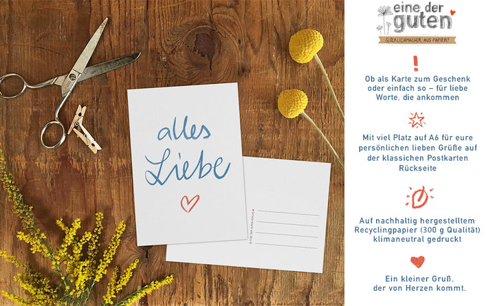 Glückwunschkarten - alles Liebe | schöne Recyclingpapier Postkarten für Glückwünsche | zum Geburtstag, Abschied, Gutschein, Geldgeschenk