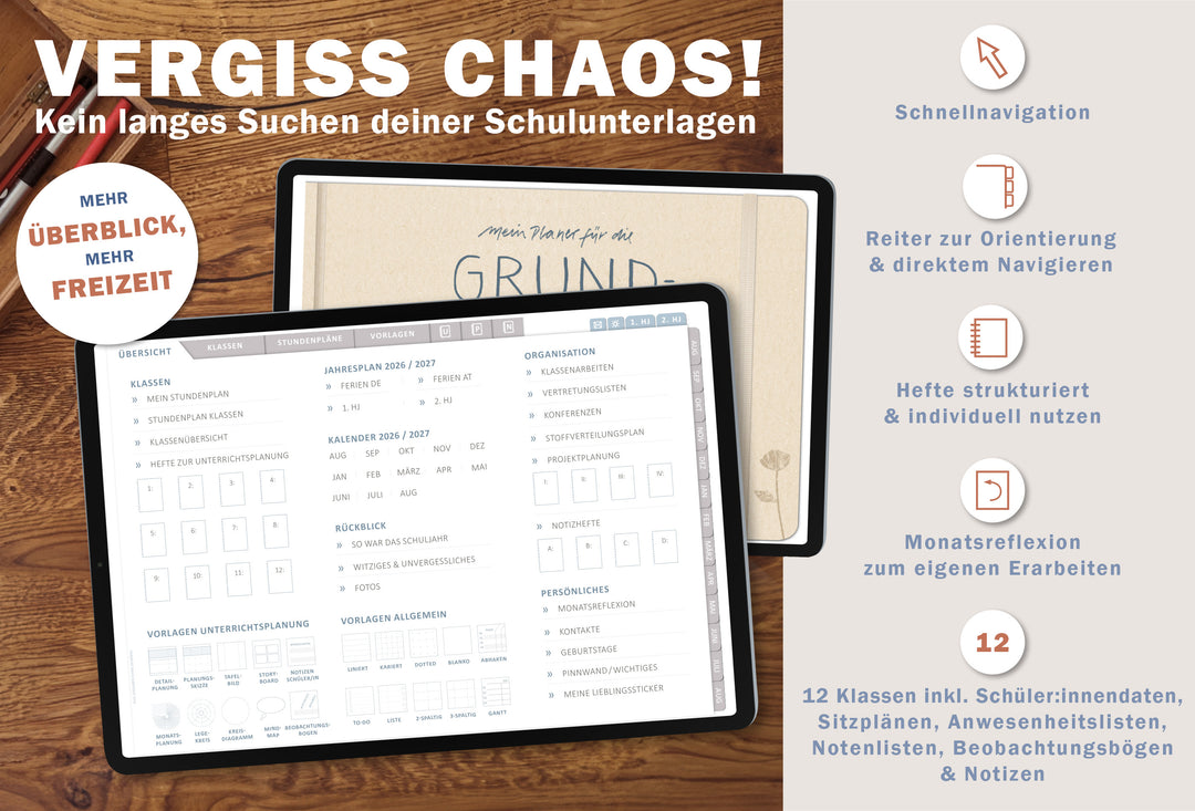 Digitaler Grundschulplaner 2026/2027 – Lehrerplaner PDF Grundschule für iPad & GoodNotes – Creme Beige Bunt