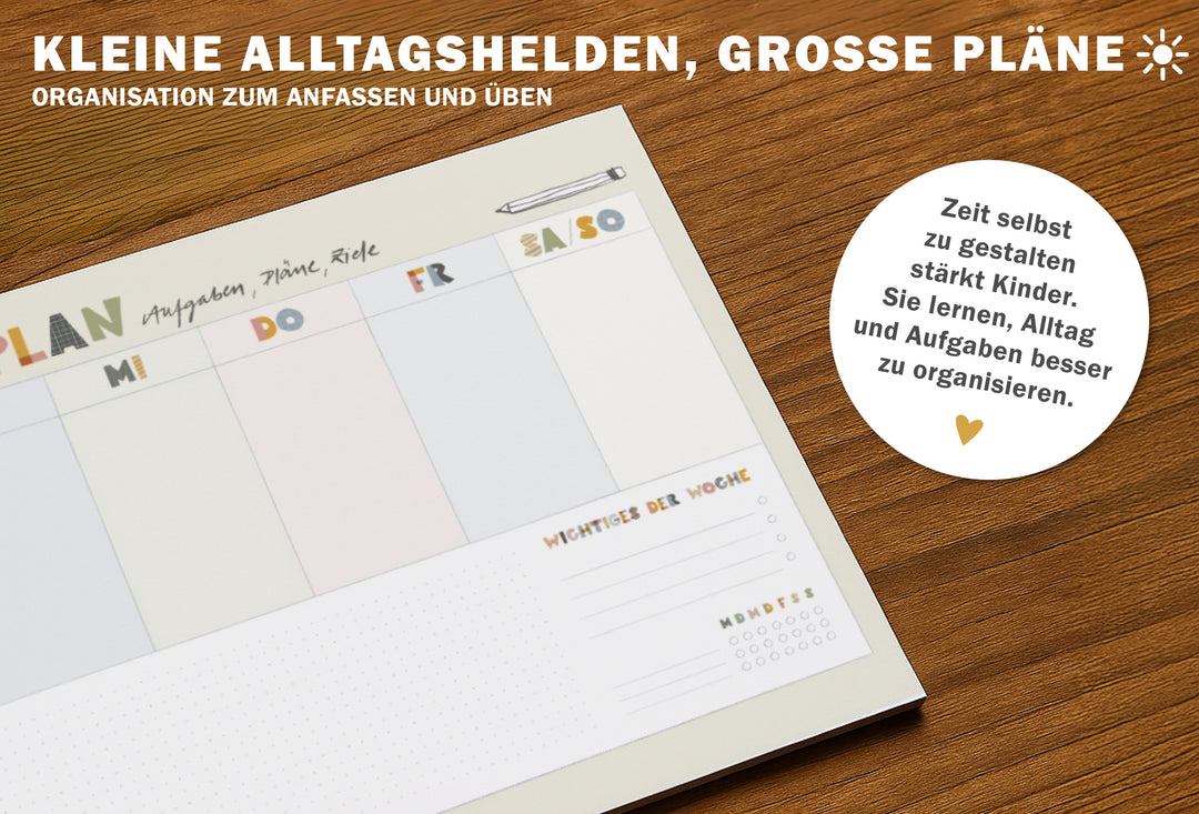 Wochenplaner für Kinder mit Kästchen zum Abhaken, A5 Abreißblock Recyclingpapier