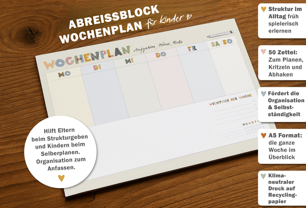 Nachhaltiger Wochenplaner für Kinder, A5 Abreißblock mit Wochenübersicht klimaneutral produziert