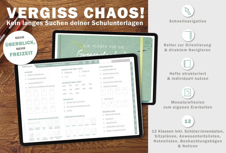 Digitaler Grundschulplaner 2026/2027 – Lehrerplaner PDF Grundschule für iPad & GoodNotes – Grün Gelb