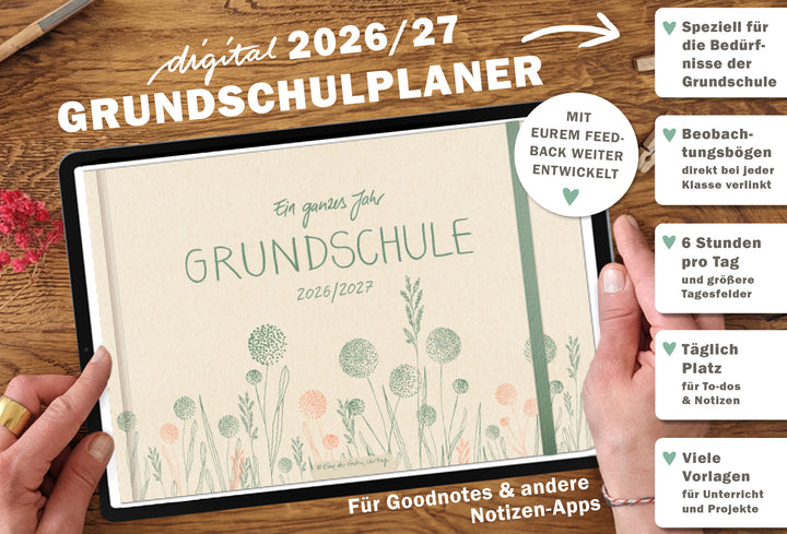 Digitaler Grundschulplaner 2026/2027 – Lehrerplaner PDF Grundschule für iPad & GoodNotes – Creme Grün Rosa