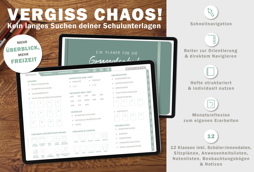 Digitaler Grundschulplaner 2026/2027 – Lehrerplaner PDF Grundschule für iPad & GoodNotes – Grün Weiß Rosa