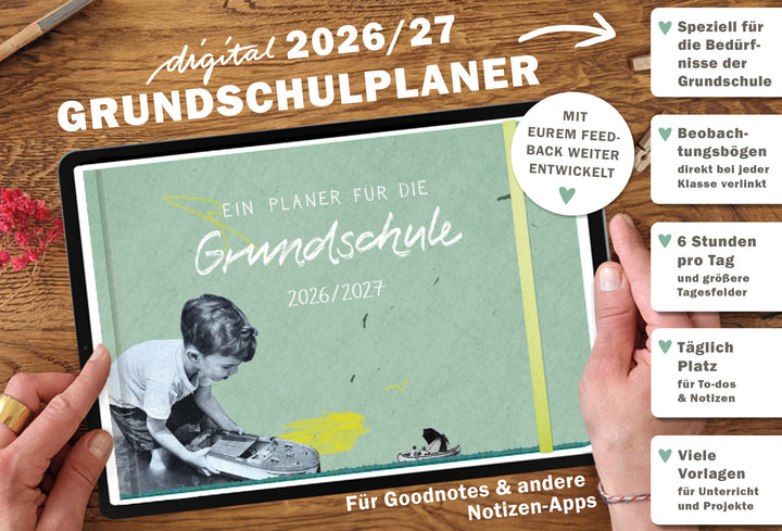 Digitaler Grundschulplaner 2026/2027 – Lehrerplaner PDF Grundschule für iPad & GoodNotes – Grün Gelb