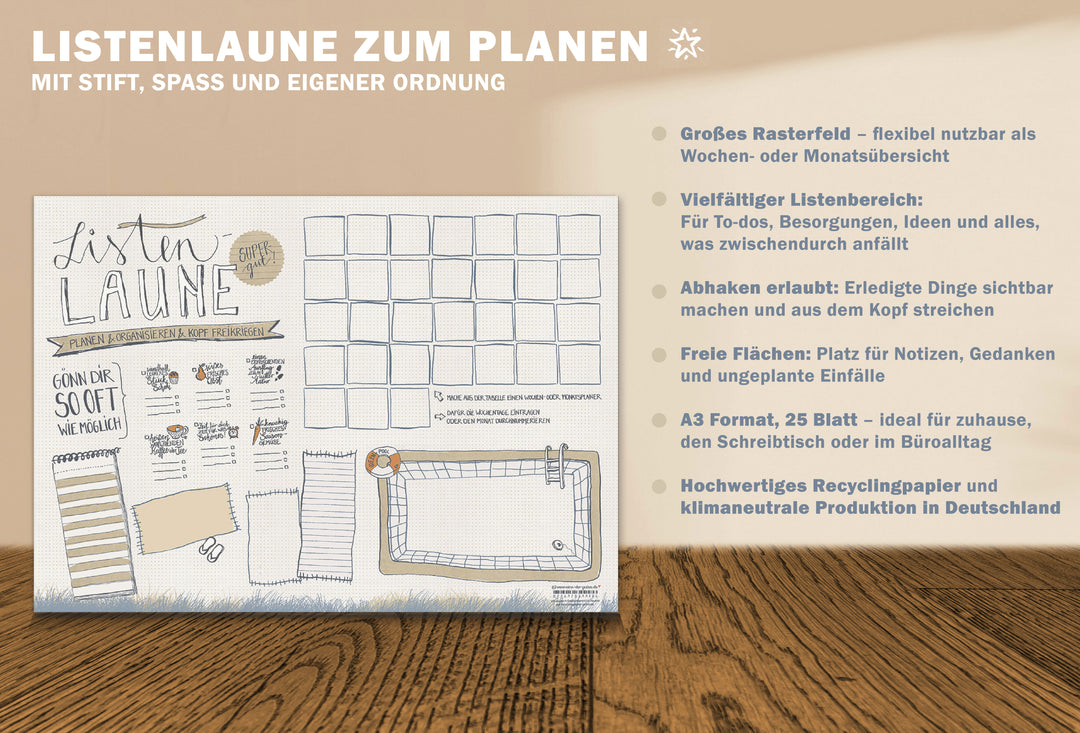 Desk Pad A3 Listenlaune – Ideen-Pool und Notizfelder in Strandtuch-Optik, plastikfrei Made in Germany