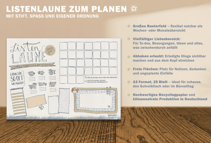 Desk Pad A3 Listenlaune – Ideen-Pool und Notizfelder in Strandtuch-Optik, plastikfrei Made in Germany
