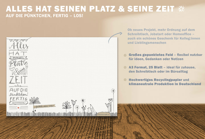 Nachhaltige Schreibunterlage A3 mit dotted Layout und liebevollen Illustrationen