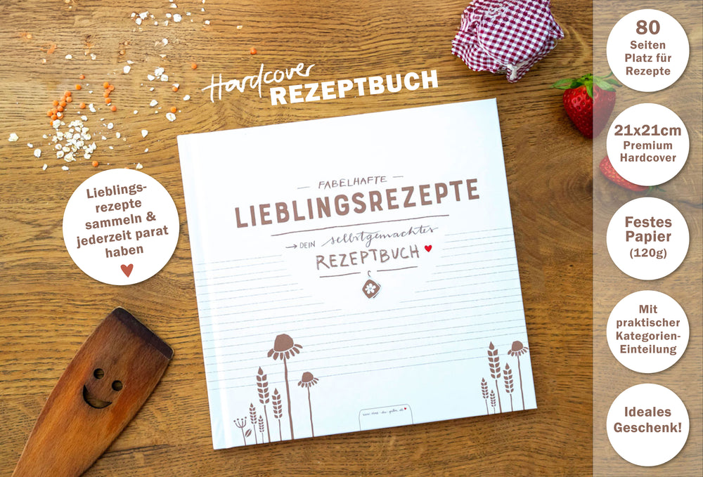 Rezeptbuch zum Selberschreiben | Blanko Kochbuch für 80 fabelhafte Lieblingsrezepte | Vintage Design in Weiß Grau Beige | Premium Hardcover, 21x21 cm