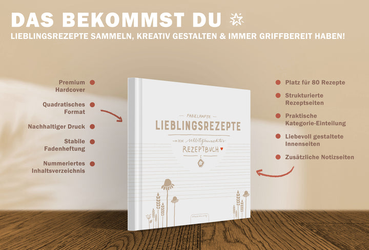 Rezeptbuch zum Selberschreiben | Blanko Kochbuch für 80 fabelhafte Lieblingsrezepte | Vintage Design in Weiß Grau Beige | Premium Hardcover, 21x21 cm