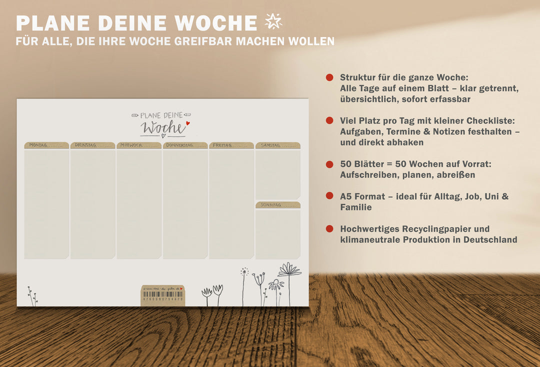 A5 Wochenplaner für Aufgaben & To-dos - Plane deine Woche - Wochenplan, Weiß Beige mit Blumen, Abreißblock für Termine und Erledigungen, 50 Blatt Recyclingpapier