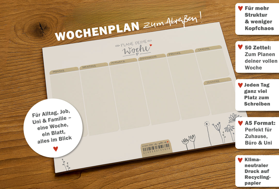Wochenplan als A5 Abreißblock für Putzplan Kochplan