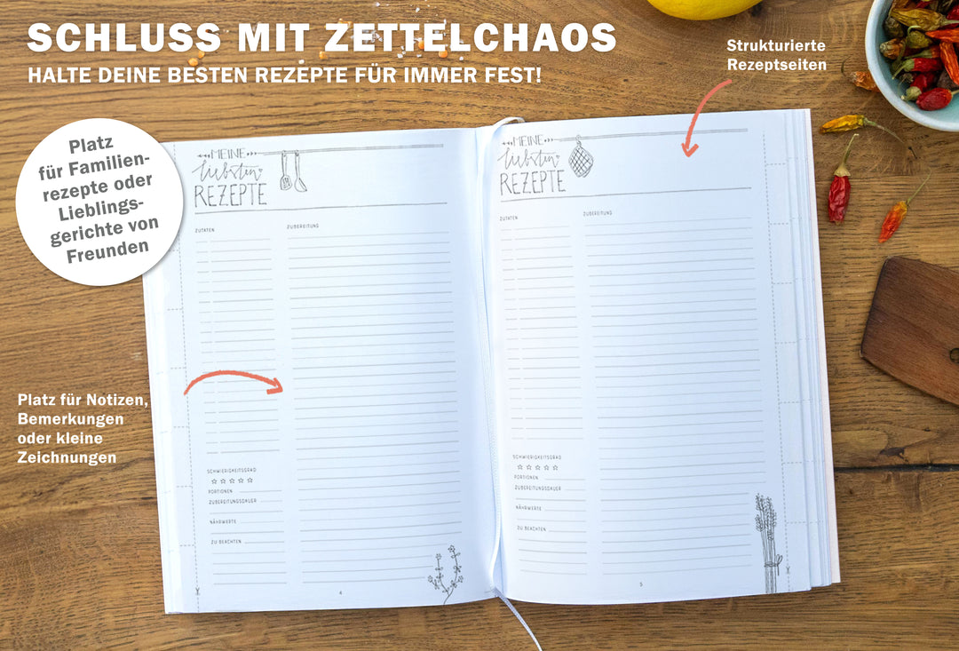 Großes XXL Rezeptbuch in A4 zum Selberschreiben - Meine liebsten Rezepte - DIY Kochbuch, Design in Weiß,  FSC Papier, Hardcover, 21 x 30 cm