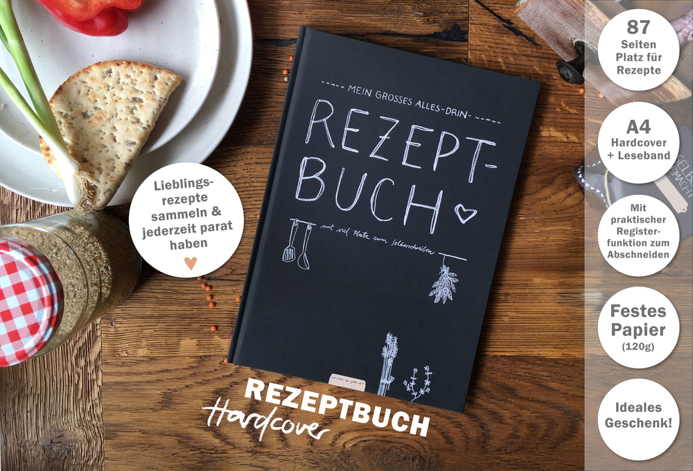 Großes XXL alles-drin A4 Rezeptbuch zum Selberschreiben, DIY Kochbuch, Tafel Design in Schwarz Weiß,  FSC Papier, Hardcover, 21 x 30 cm
