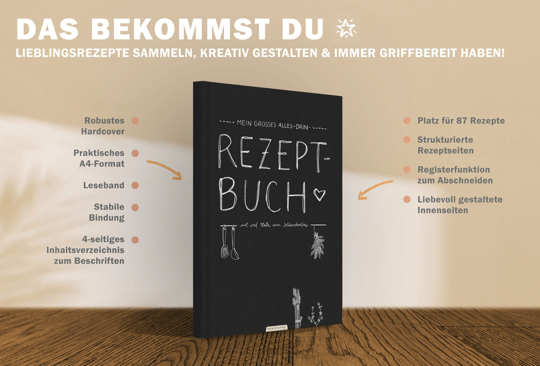 Großes XXL alles-drin A4 Rezeptbuch zum Selberschreiben, DIY Kochbuch, Tafel Design in Schwarz Weiß,  FSC Papier, Hardcover, 21 x 30 cm