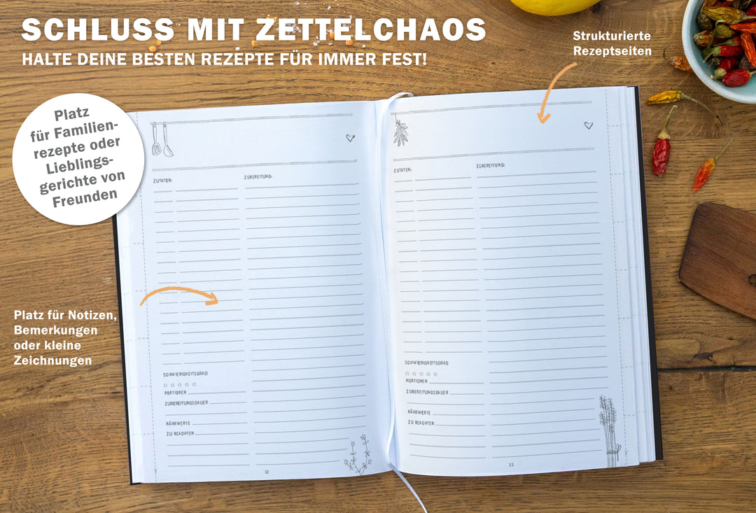 Großes XXL alles-drin A4 Rezeptbuch zum Selberschreiben, DIY Kochbuch, Tafel Design in Schwarz Weiß,  FSC Papier, Hardcover, 21 x 30 cm