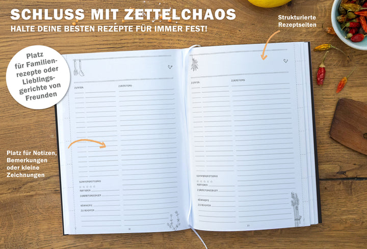 Großes XXL alles-drin A4 Rezeptbuch zum Selberschreiben, DIY Kochbuch, Tafel Design in Schwarz Weiß,  FSC Papier, Hardcover, 21 x 30 cm