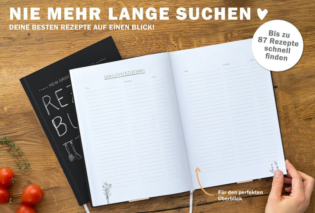 Großes XXL alles-drin A4 Rezeptbuch zum Selberschreiben, DIY Kochbuch, Tafel Design in Schwarz Weiß,  FSC Papier, Hardcover, 21 x 30 cm