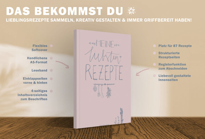 Rezeptbuch A5 zum Selberschreiben - Meine liebsten Rezepte | DIY Kochbuch, Backbuch, Geschenkidee | Design in Blau Rosa, FSC Papier, Softcover