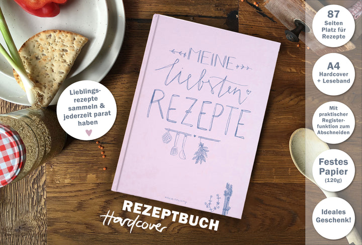 Rezeptbuch A4 zum Selberschreiben - Meine liebsten Rezepte | DIY Kochbuch, Backbuch, Geschenkidee | Design in Rosa Blau,  FSC Papier, Hardcover