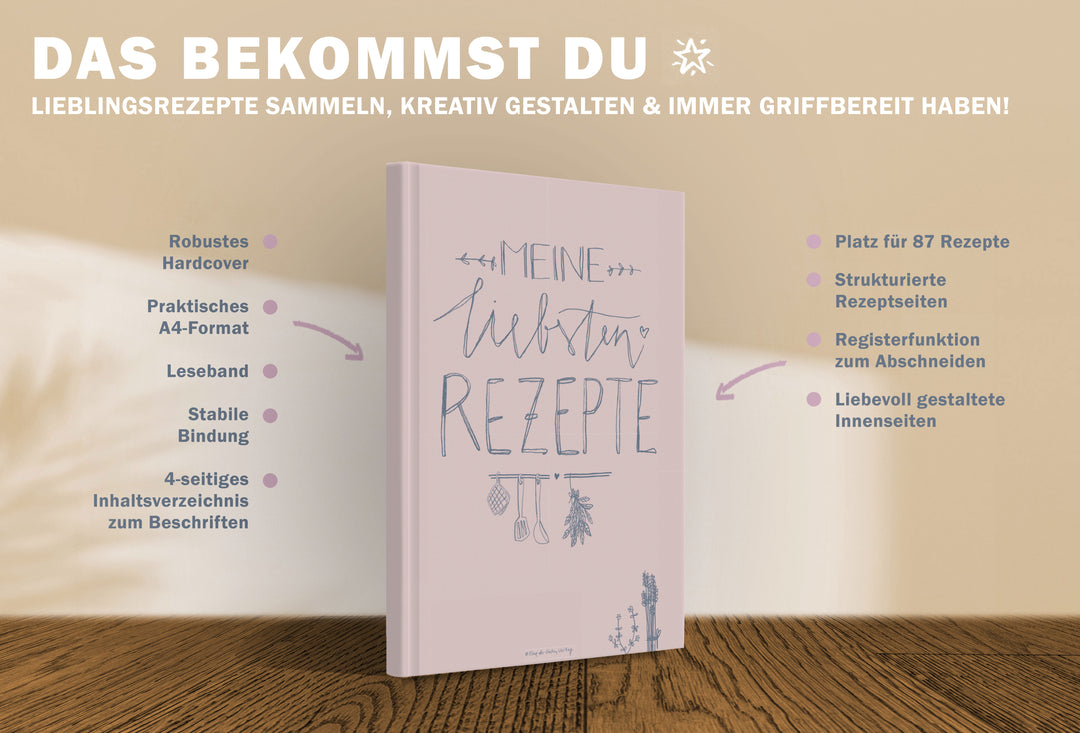 Rezeptbuch A4 zum Selberschreiben - Meine liebsten Rezepte | DIY Kochbuch, Backbuch, Geschenkidee | Design in Rosa Blau,  FSC Papier, Hardcover