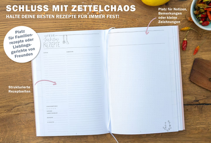 Rezeptbuch A4 zum Selberschreiben - Meine liebsten Rezepte | DIY Kochbuch, Backbuch, Geschenkidee | Design in Rosa Blau,  FSC Papier, Hardcover