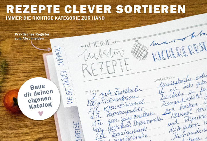 Rezeptbuch A4 zum Selberschreiben - Meine liebsten Rezepte | DIY Kochbuch, Backbuch, Geschenkidee | Design in Rosa Blau,  FSC Papier, Hardcover