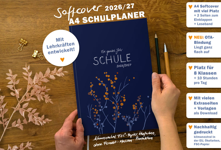 A4 Schulplaner Softcover 2026/27 mit Leseband; Hinweise: OTA-Bindung liegt flach, Platz für 8 Klassen/10 Stunden, Vorlagen als Download; nachhaltig (FSC, Ökofarben, keine Fernost-Massenproduktion, EU)