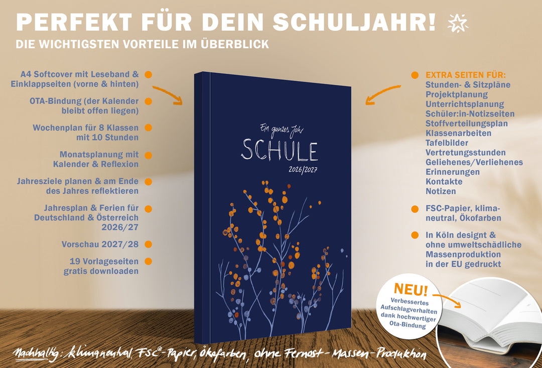 A4 Lehrerkalender 2026/27: Leseband & Einklappseiten, Wochenplan 8 Klassen/10 Stunden, Monatsplanung mit Reflexion, Jahresplan & Ferien, Vorschau 27/28, 19 Vorlagen gratis; FSC-Papier, klimaneutral, Ökofarben, EU-Druck