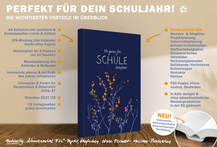 A4 Lehrerkalender 2026/27: Leseband & Einklappseiten, Wochenplan 8 Klassen/10 Stunden, Monatsplanung mit Reflexion, Jahresplan & Ferien, Vorschau 27/28, 19 Vorlagen gratis; FSC-Papier, klimaneutral, Ökofarben, EU-Druck