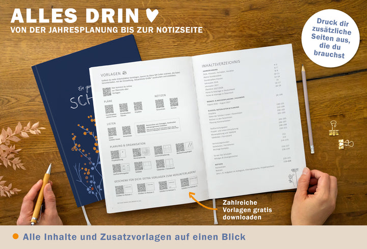 Inhaltsverzeichnis plus QR-Übersicht für Vorlagen/Pläne/Listen/Notizen; Hinweis „Zahlreiche Vorlagen gratis downloaden“ – nachhaltig produziert (FSC/klimaneutral)