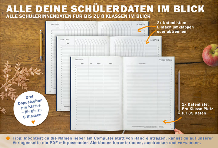 Drei Doppelseiten pro Klasse (bis 8 Klassen): Datenliste pro Klasse mit Platz für 35 Einträge, dazu 2× Notenlisten (umklappen oder abtrennen) – klimaneutral gedruckt