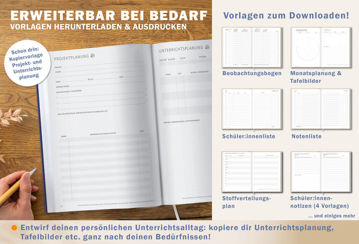Doppelseite „Projektplanung“ und „Unterrichtsplanung“; daneben Download-Vorlagen: Beobachtungsbogen, Monatsplanung & Tafelbilder, Schüler:innenliste, Notenliste, Stoffverteilungsplan, Schüler:innen-Notizen – nachhaltig produziert
