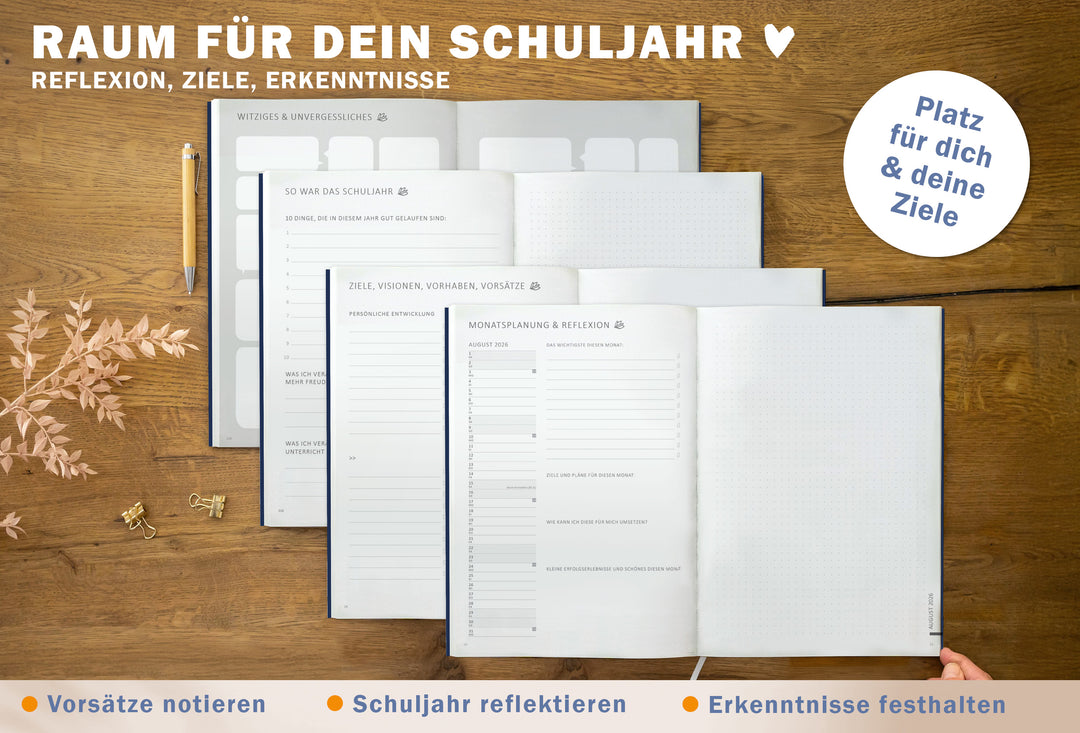 Seiten „So war das Schuljahr“, „Ziele, Visionen, Vorhaben, Vorsätze“, „Monatsplanung & Reflexion“ und große gepunktete Notizseite; Hinweis „Platz für dich & deine Ziele“ – klimaneutral gedruckt