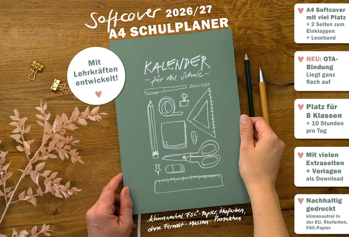 Lehrerkalender 2026 2027 | A4 Lehrerplaner Softcover für Schuljahr Planung | 1 Doppelseite pro Woche | klimaneutral, mintgrün weiß