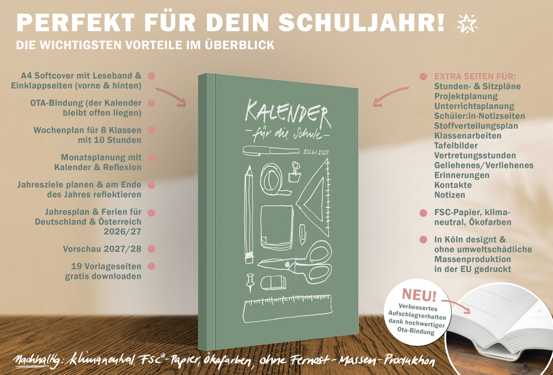 Lehrerkalender 2026 2027 | A4 Lehrerplaner Softcover für Schuljahr Planung | 1 Doppelseite pro Woche | klimaneutral, mintgrün weiß