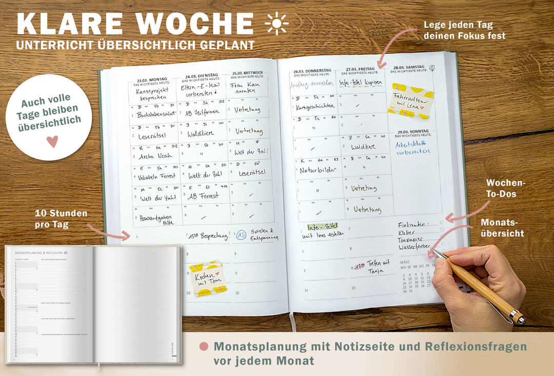 Lehrerkalender 2026 2027 | A4 Lehrerplaner Softcover für Schuljahr Planung | 1 Doppelseite pro Woche | klimaneutral, mintgrün weiß