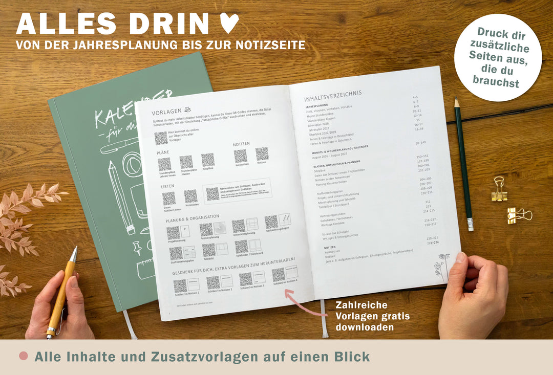 Lehrerkalender 2026 2027 | A4 Lehrerplaner Softcover für Schuljahr Planung | 1 Doppelseite pro Woche | klimaneutral, mintgrün weiß