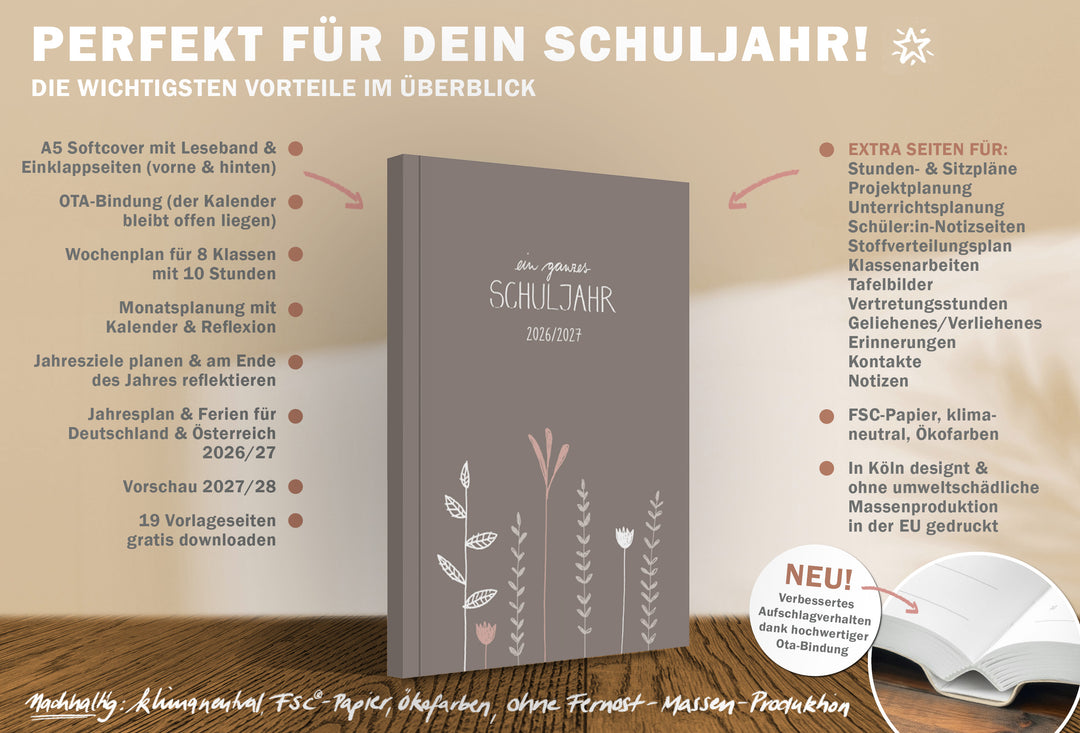 A5 Lehrerplaner 2026/27: Leseband & Einklappseiten, Wochenplan 8 Klassen/10 Stunden, Monatsplanung & Reflexion, Jahresplan & Ferien, Vorschau 27/28, 19 Vorlagen gratis; FSC-Papier, klimaneutral, Ökofarben, EU-Druck