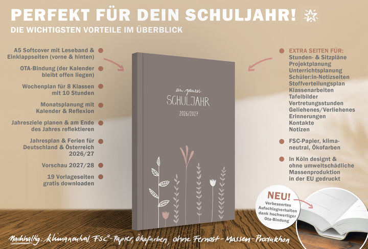 A5 Lehrerplaner 2026/27: Leseband & Einklappseiten, Wochenplan 8 Klassen/10 Stunden, Monatsplanung & Reflexion, Jahresplan & Ferien, Vorschau 27/28, 19 Vorlagen gratis; FSC-Papier, klimaneutral, Ökofarben, EU-Druck
