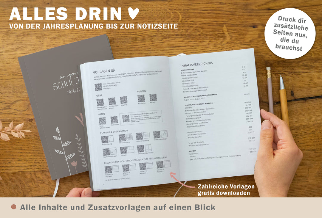 Inhaltsverzeichnis plus QR-Übersicht „Vorlagen“ (Pläne/Listen/Notizen) und Hinweis „Zahlreiche Vorlagen gratis downloaden“ im A5 Lehrerkalender; nachhaltig produziert (FSC/klimaneutral)