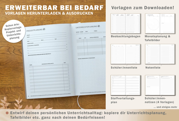 Doppelseite „Projektplanung“ und „Unterrichtsplanung“ mit Feldern/Checklisten; daneben Download-Vorlagen: Beobachtungsbogen, Monatsplanung & Tafelbilder, Schüler:innenliste, Notenliste, Stoffverteilungsplan, Schüler:innen-Notizen; nachhaltig produziert (FSC/klimaneutral)