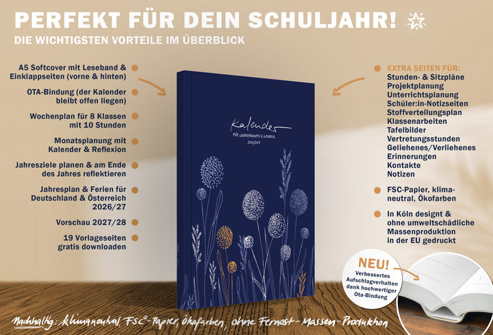 A5 Lehrerplaner 2026/27: Leseband & Einklappseiten, Wochenplan 8 Klassen/10 Stunden, Monatsplanung & Reflexion, Jahresplan & Ferien, Vorschau 27/28, 19 Vorlagen gratis; FSC-Papier, klimaneutral, Ökofarben, EU-Druck
