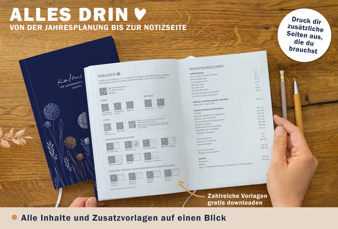 Inhaltsverzeichnis plus QR-Übersicht „Vorlagen“ (Pläne/Listen/Notizen) und Hinweis „Zahlreiche Vorlagen gratis downloaden“ im A5 Lehrerkalender; nachhaltig produziert (FSC/klimaneutral)