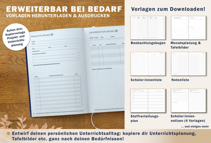 Doppelseite „Projektplanung“ und „Unterrichtsplanung“ mit Feldern/Checklisten; daneben Download-Vorlagen: Beobachtungsbogen, Monatsplanung & Tafelbilder, Schüler:innenliste, Notenliste, Stoffverteilungsplan, Schüler:innen-Notizen; nachhaltig produziert (FSC/klimaneutral)